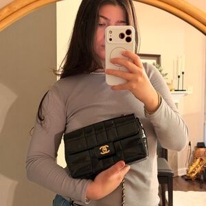 Chanel small flap black patent leather bag